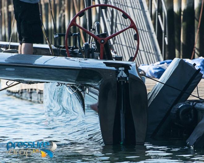 Oracle Team USA AC45Turbo- First look. Obvious difference is that a wheel has replaced the tiller on the one design AC45 version. The recessed rudder is another change from the one design AC45 © Pressure Drop . US